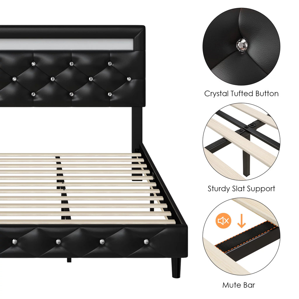 Queen Size LED Upholstered Platform Bed Frame with Adjustable Headboard F792349