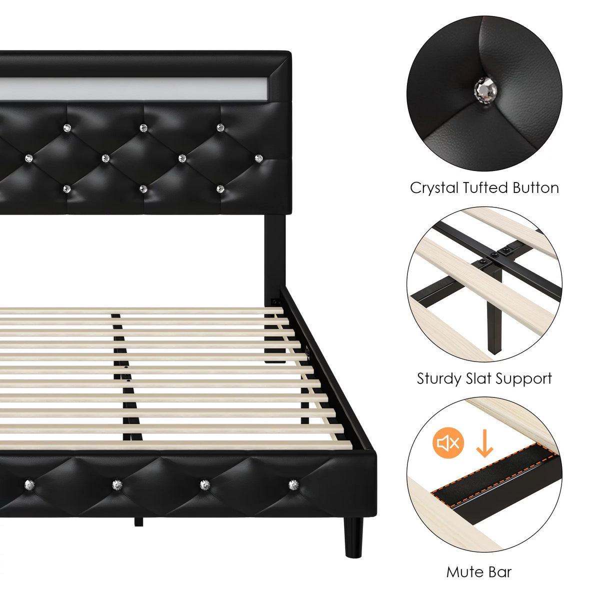 Queen Size LED Upholstered Platform Bed Frame with Adjustable Headboard F792349