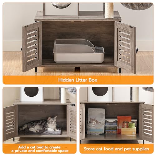 Greige Wooden Cat Tree with Litter Box Enclosure, 27.6" L x 18.9" W x 52" H Z988