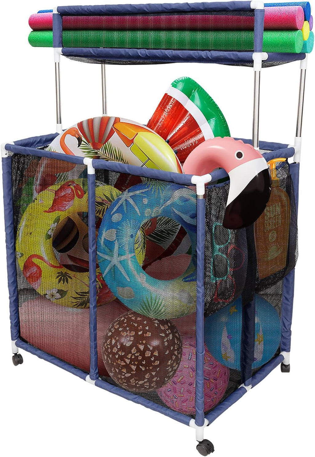 Double Tier Rolling Pool Toy Storage Cart Bin with Top Shelf & Side Pockets U172