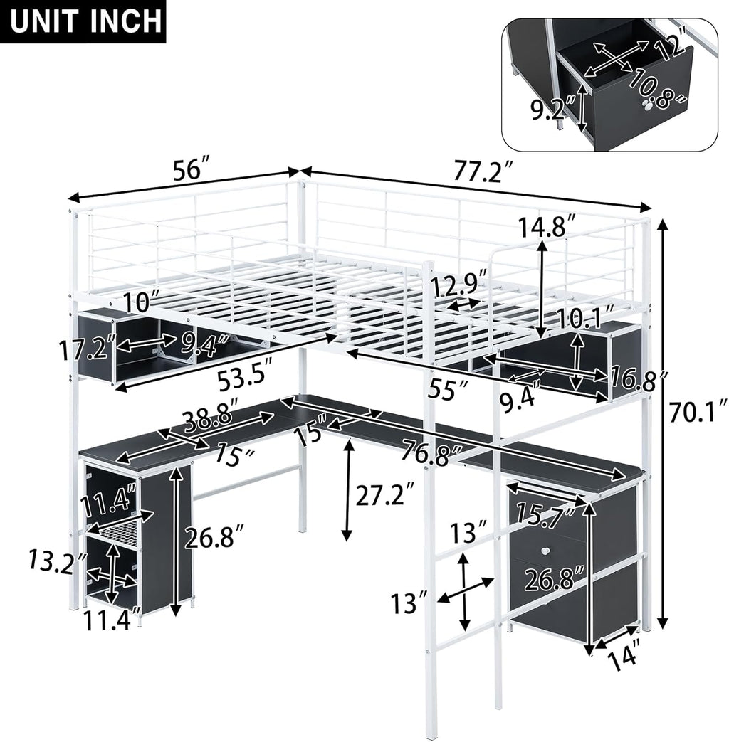 Full Size Metal Loft Bed with Bookcase and Desk I520506