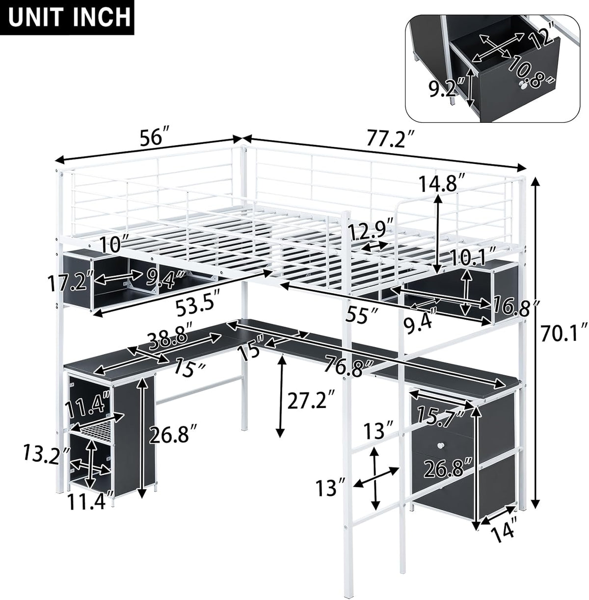 Full Size Metal Loft Bed with Bookcase and Desk I520506