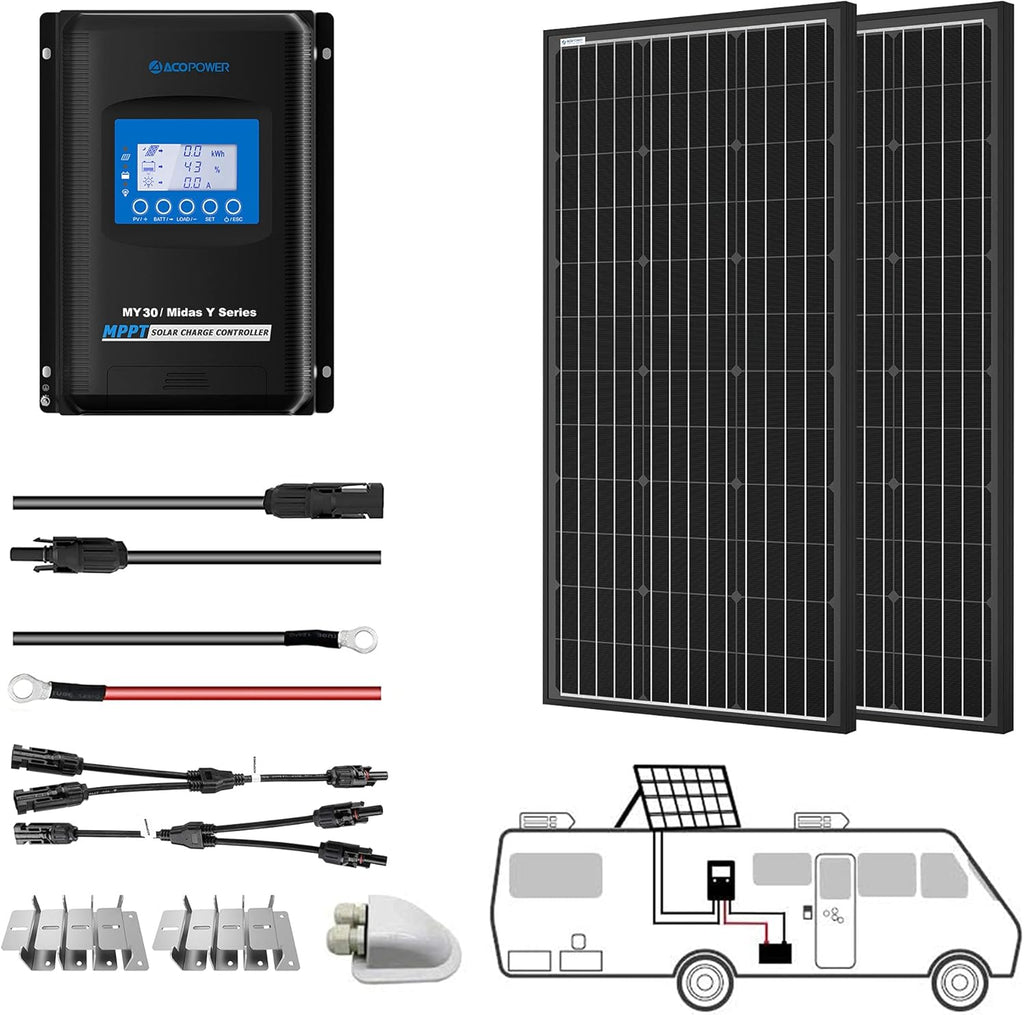 100 Watts Monocrystalline Solar RV Kit with 20A PWM LCD Charge Controller A64593