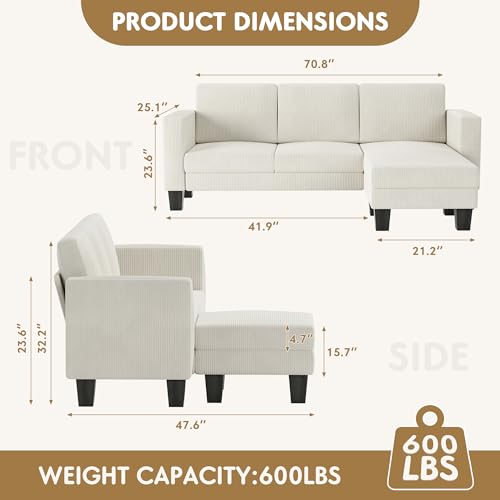 Green Corduroy L-Shaped Convertible Sectional Sofa 3 Seater T740