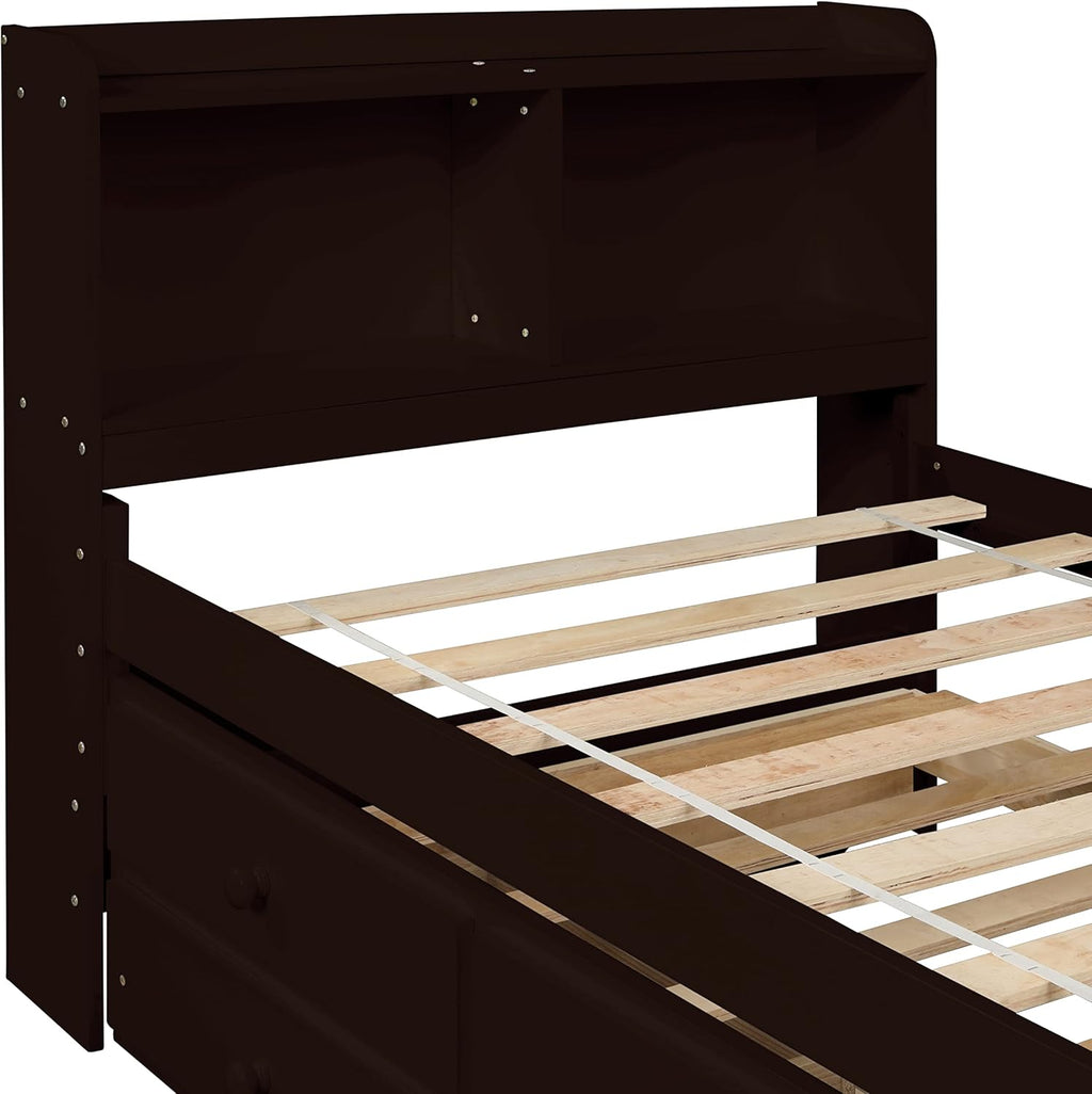 Twin Wood Captain’s Bed with Bookcase Headboard, Trundle and 3 Drawers, Espresso D734224