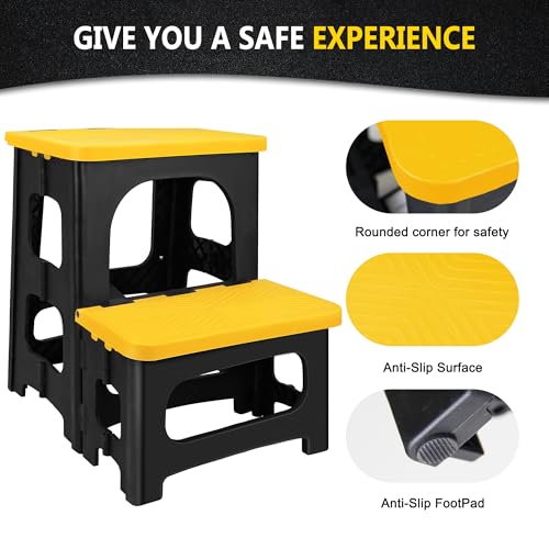 Folding 2-Step Stool, Non-Slip Portable Footstool 8" & 17" Dual Heights, Holds 300 lbs (Yellow) B549