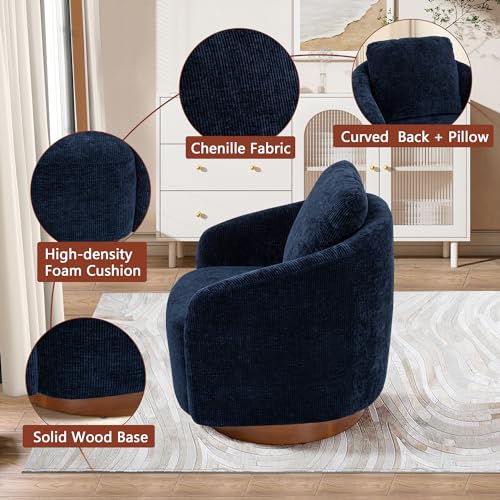 Ivory Chenille Swivel Barrel Chair with Wood Base T153949