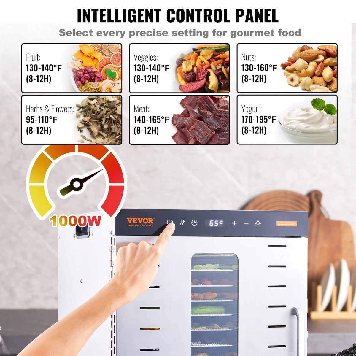 Food Dehydrator Machine, 10 Stainless Steel Trays, 1000W Electric Food Dryer S28767