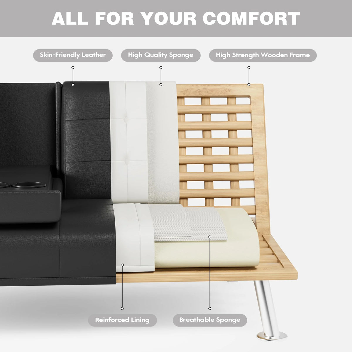 Black Faux Leather Convertible Futon Sofa Bed with Removable Armrests Q5125
