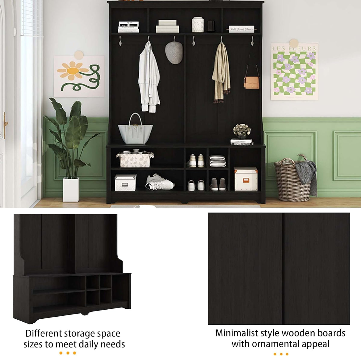 Freestanding Hall Tree with Metal Hooks and Storage Space, Black Coat Rack with Shoe Cubbies D649836