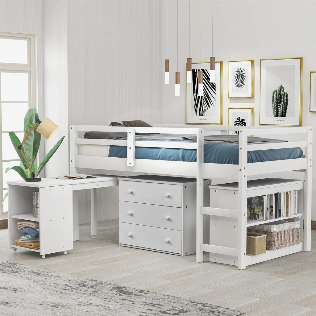 Grey Wooden Twin Loft Bed with Storage Drawers E691091