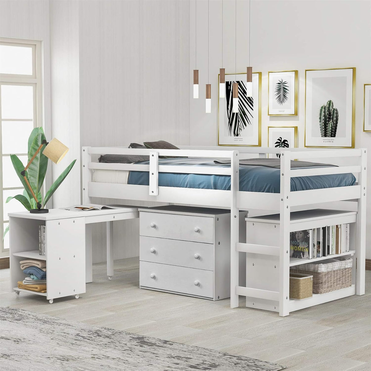 Grey Wooden Twin Loft Bed with Storage Drawers E691091