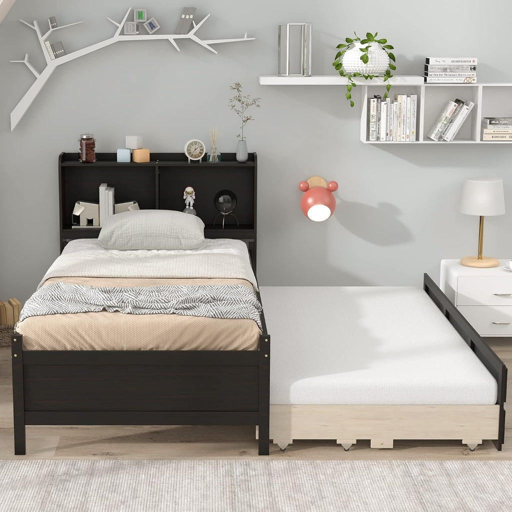 Twin Wood Captain’s Bed with Bookcase Headboard, Trundle and 3 Drawers, Espresso D734224