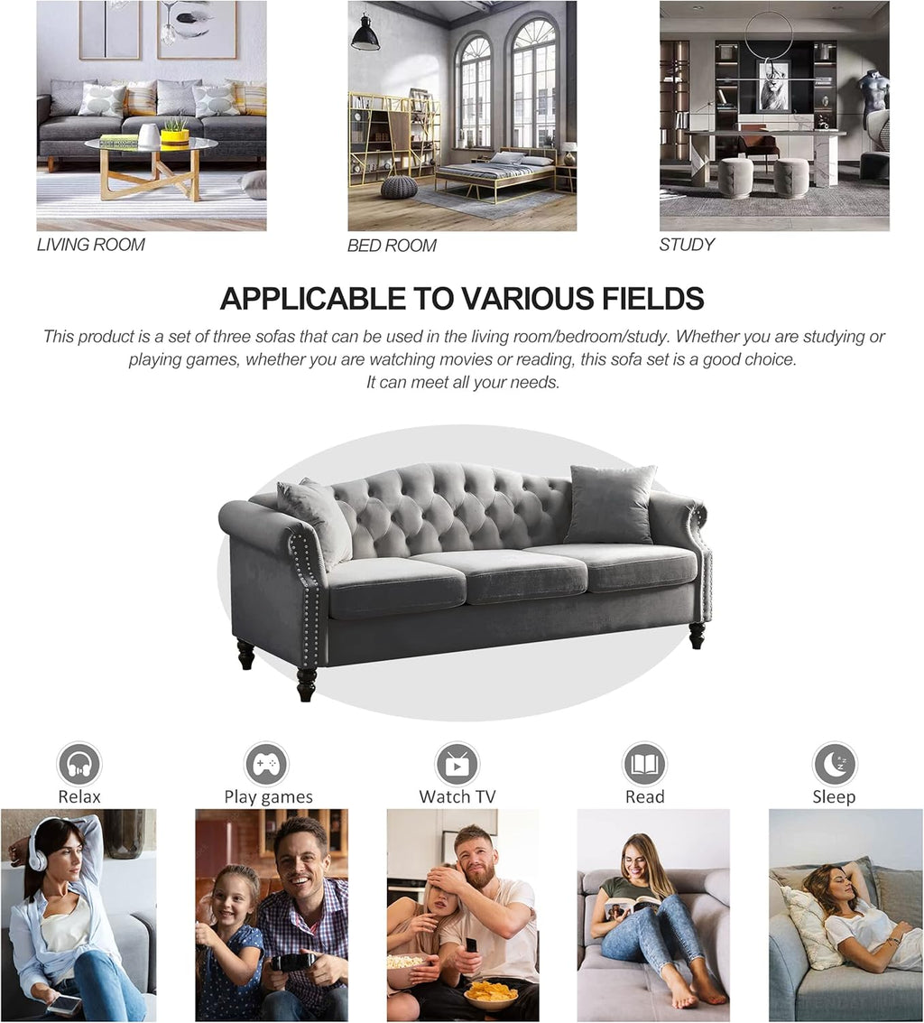 Grey Velvet 3 Seater Chesterfield Sofa X9998