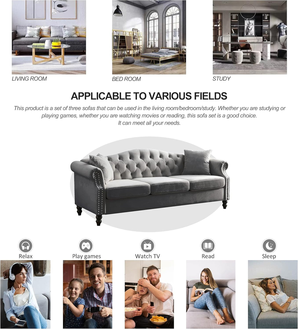 Grey Velvet 3 Seater Chesterfield Sofa X9998