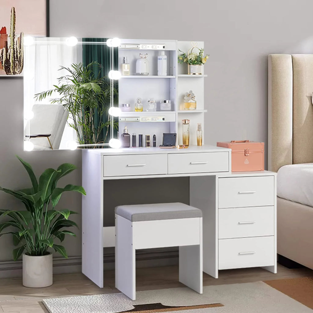 White 5 Drawer Lighted Mirror Vanity Makeup Table Set E8844