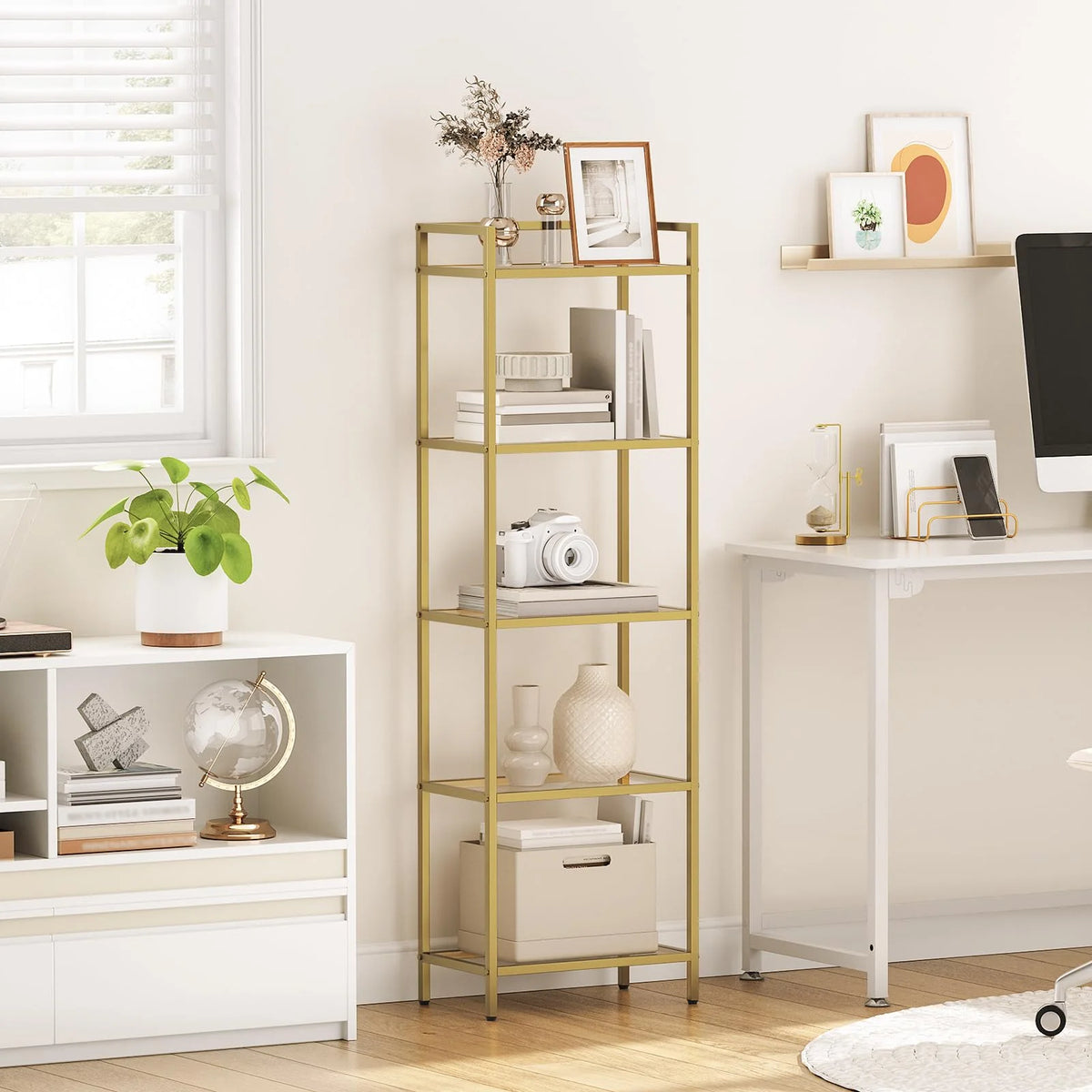5-Tier Gold Bookcase with Tempered Glass Shelves C30335