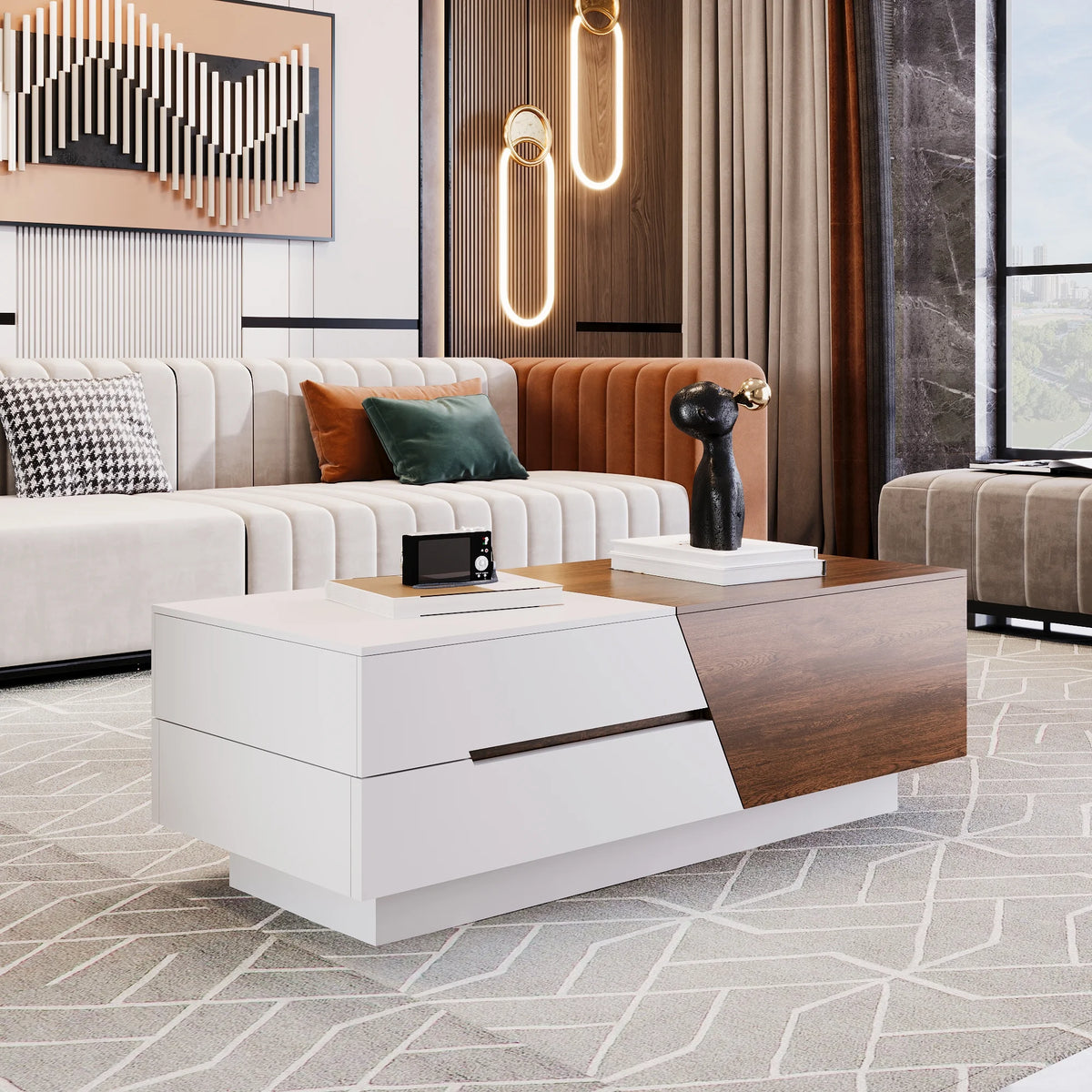 White Walnut Extendable Coffee Table with Storage Drawers A783429