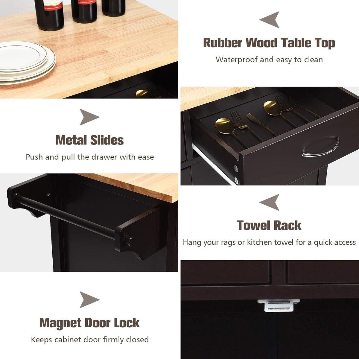 Rolling Kitchen Island Cart with Rubber Wood Top and Storage Drawers I6219