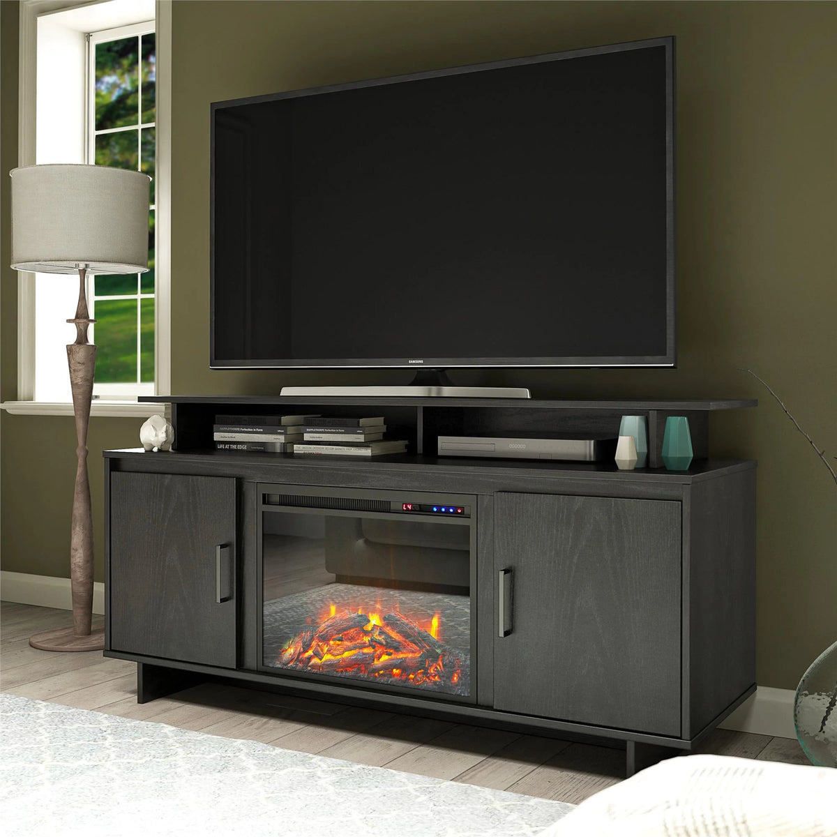 Electric Fireplace TV Console with Storage Cabinets, Black Oak C372