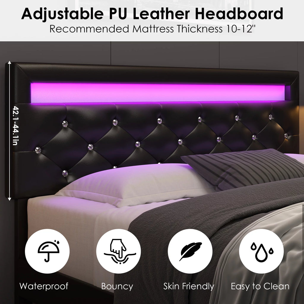 Queen Size LED Upholstered Platform Bed Frame with Adjustable Headboard F792349