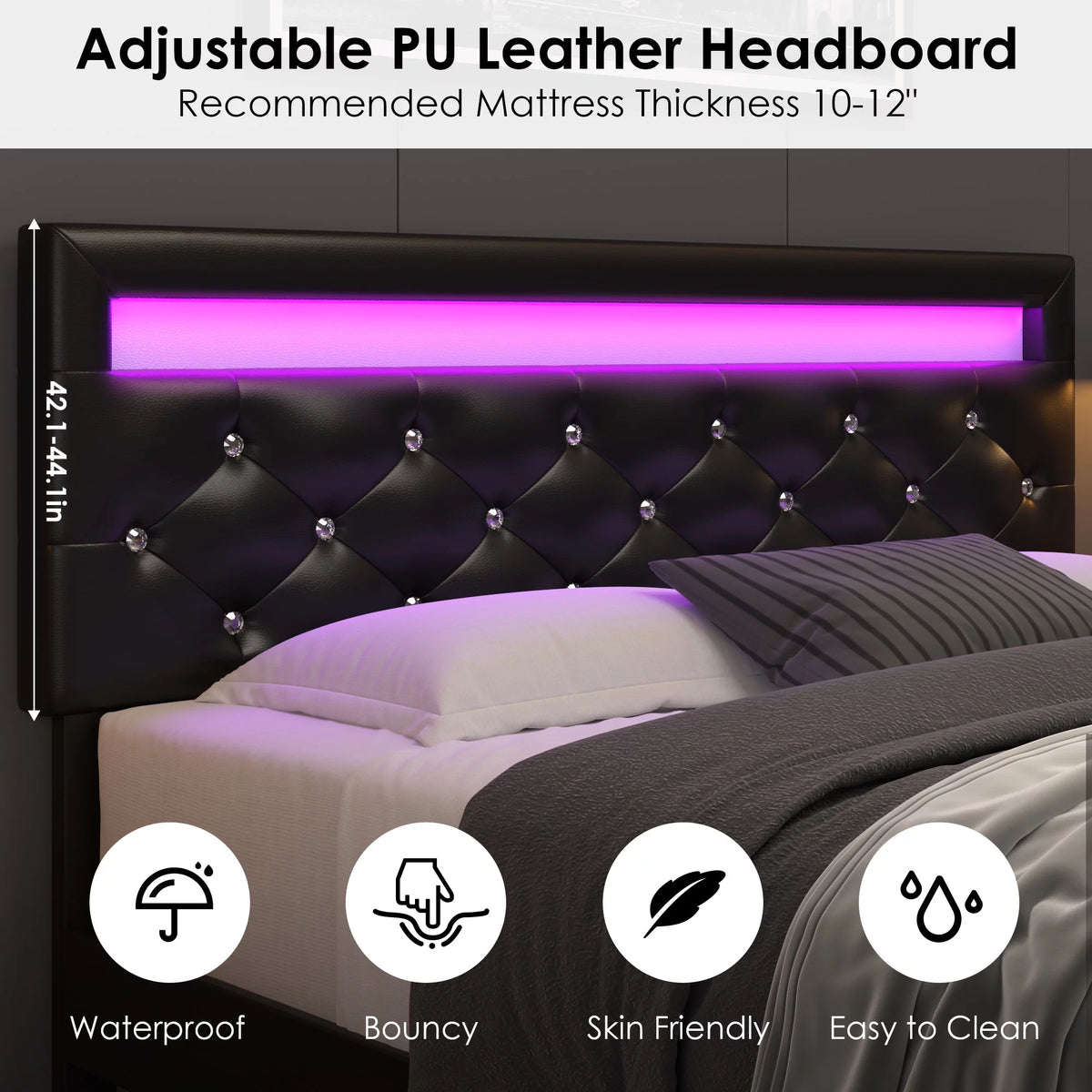 Queen Size LED Upholstered Platform Bed Frame with Adjustable Headboard F792349