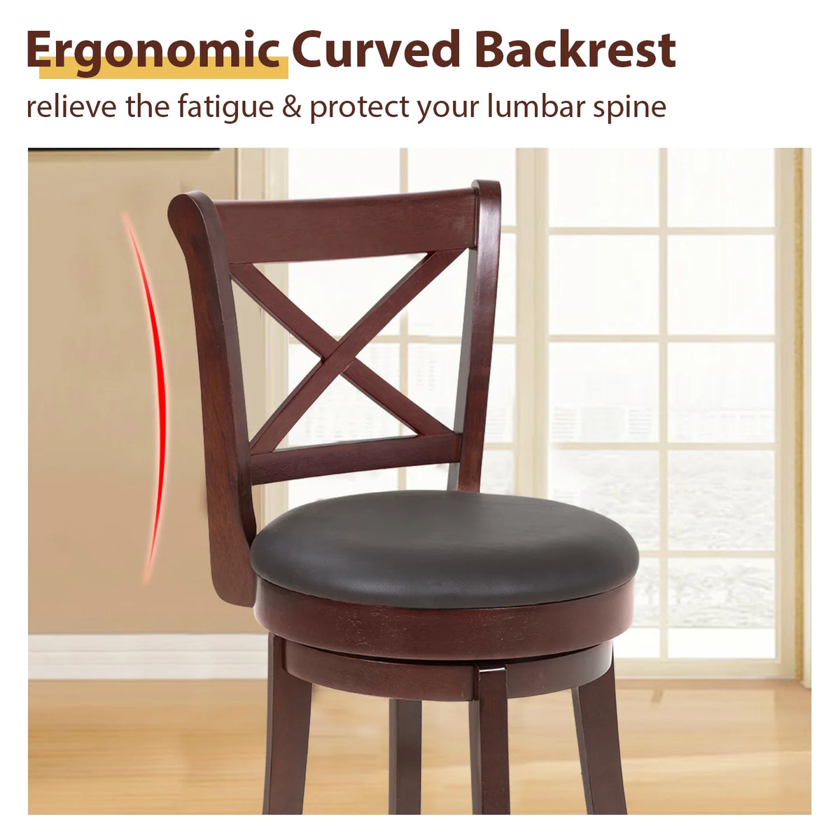 Brown Wooden Low Back Bar Stools with 360 Degree Swivel and PU Leather Upholstery N66081