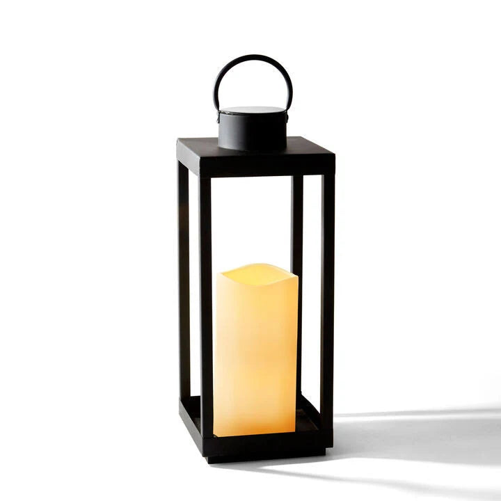 Matte Black Metal Open Frame Lantern with Solar Powered LED Candle Q3497