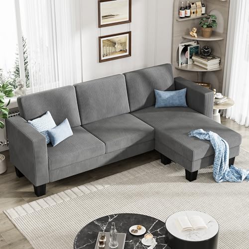 Green Corduroy L-Shaped Convertible Sectional Sofa 3 Seater T740