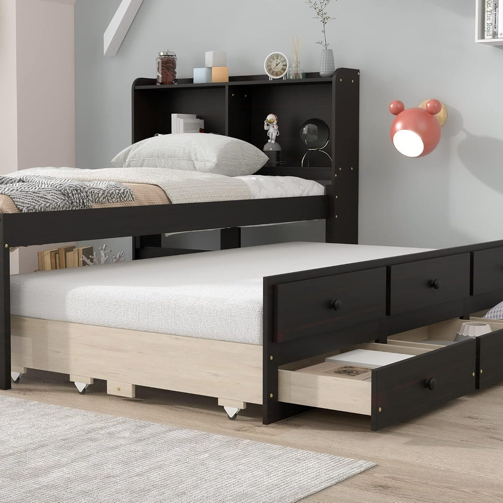 Twin Wood Captain’s Bed with Bookcase Headboard, Trundle and 3 Drawers, Espresso D734224