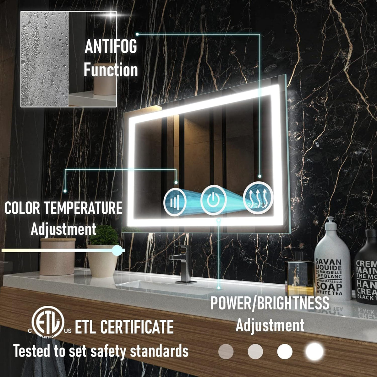 Frameless Led Bathroom Mirror with Lights, Anti Fog, Dimmable, 3 Colors L4049