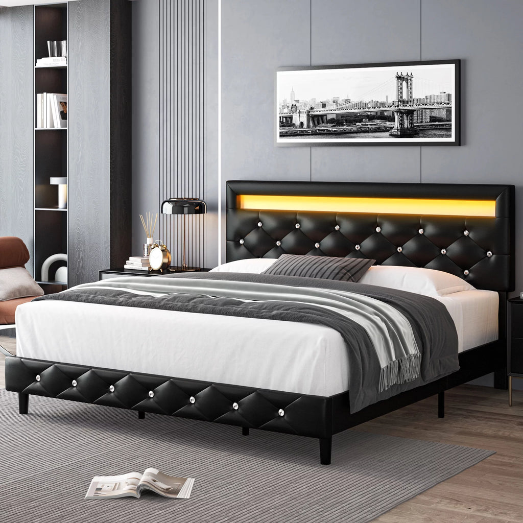 Queen Size LED Upholstered Platform Bed Frame with Adjustable Headboard F792349