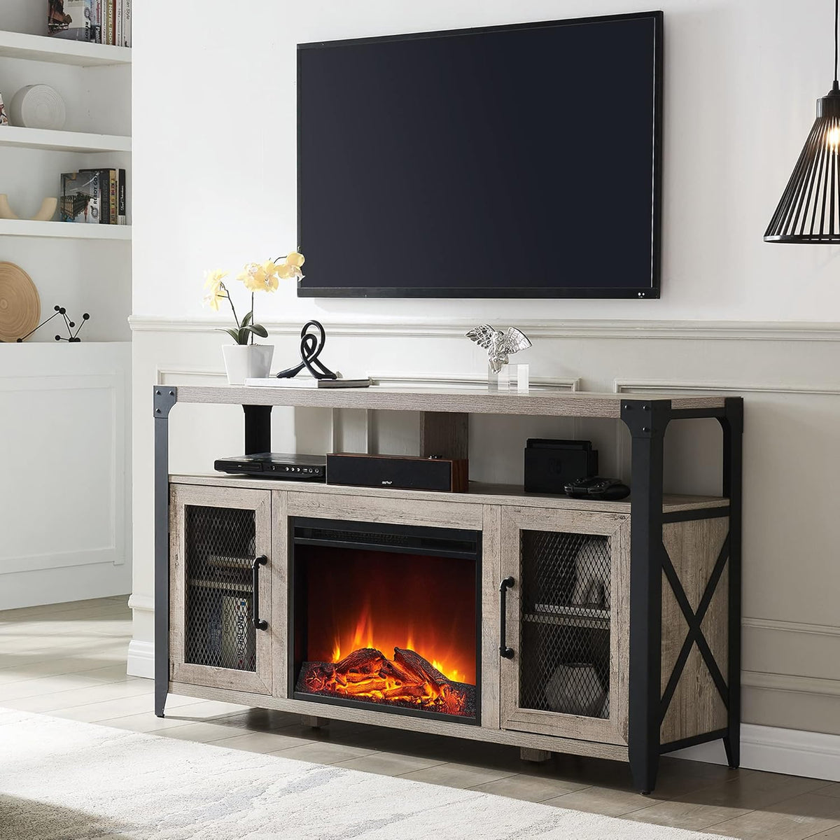 Light Rustic Oak Fireplace TV Stand for 65 inch TV E71204
