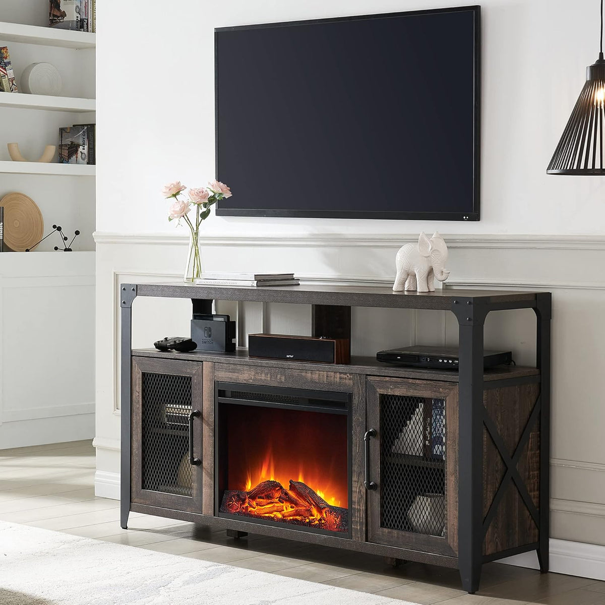 Light Rustic Oak Fireplace TV Stand for 65 inch TV E71204