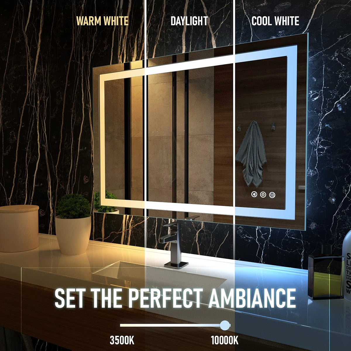 Frameless Led Bathroom Mirror with Lights, Anti Fog, Dimmable, 3 Colors L4049