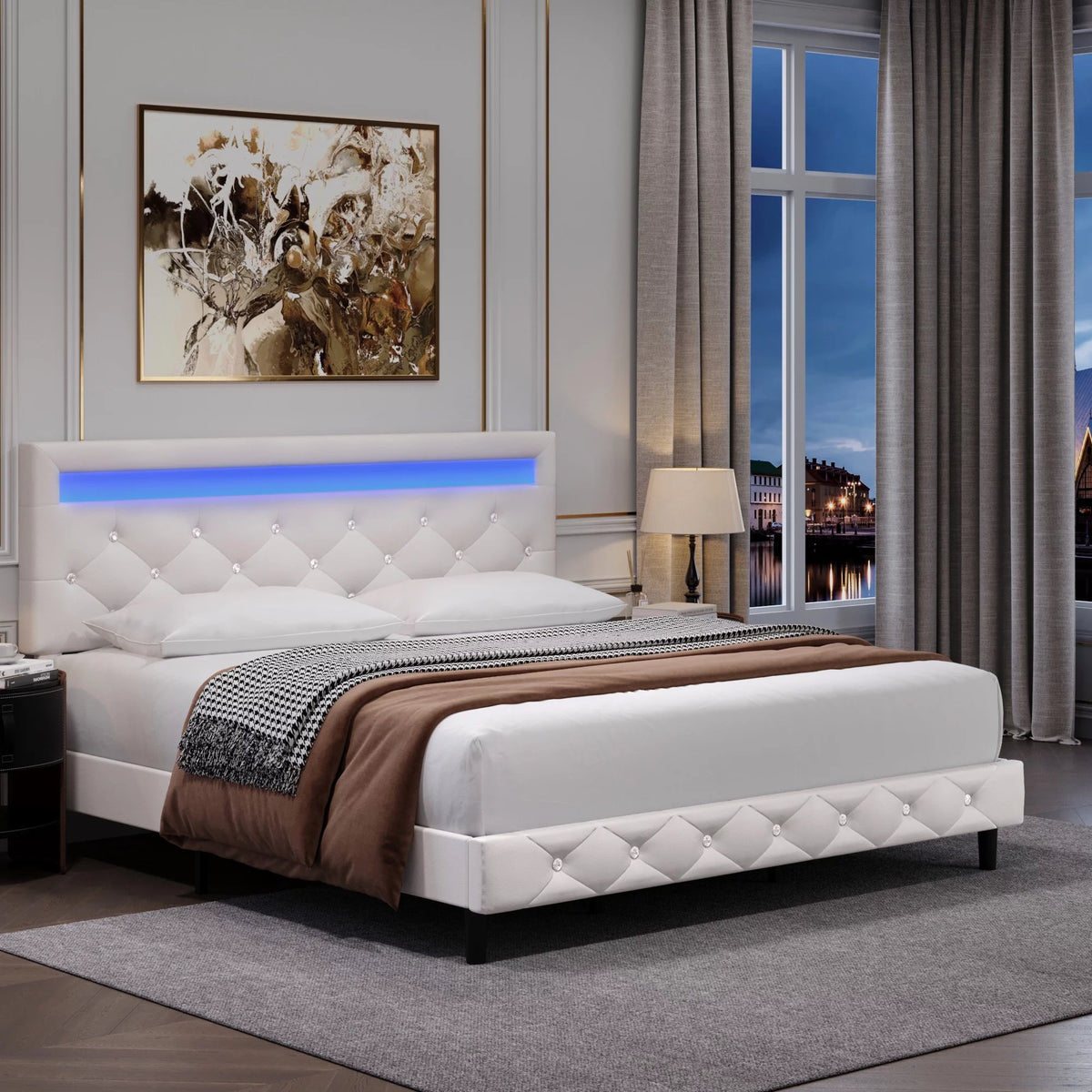 Queen Size LED Upholstered Platform Bed Frame with Adjustable Headboard F792349