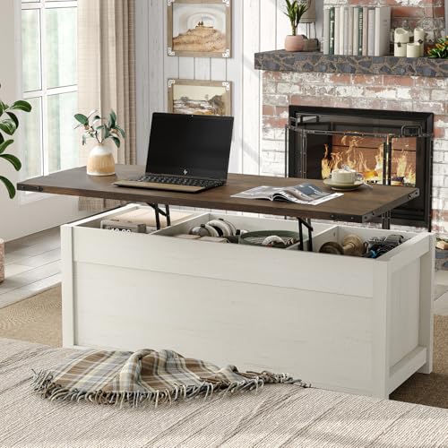 47.3'' Lift Top Coffee Table with Storage, White, Grey Top S6541