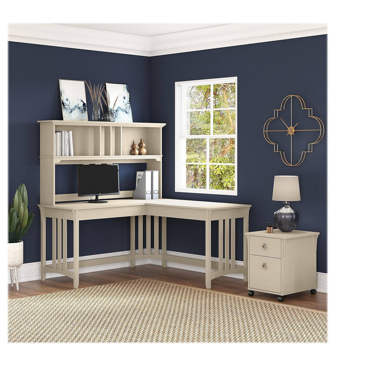 Antique White L Shaped Writing Desk with Hutch and Mobile File Cabinet X78598