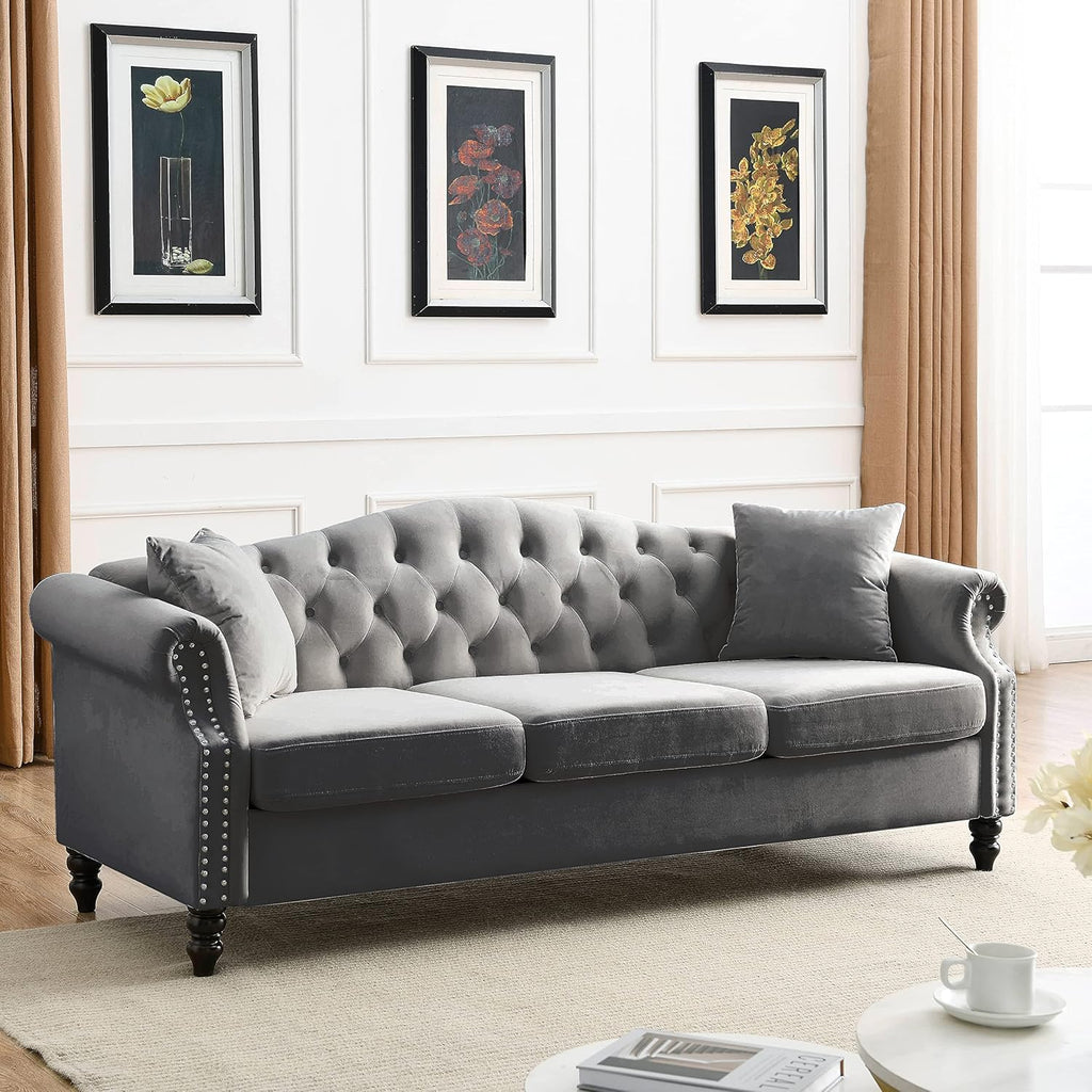 Grey Velvet 3 Seater Chesterfield Sofa X9998
