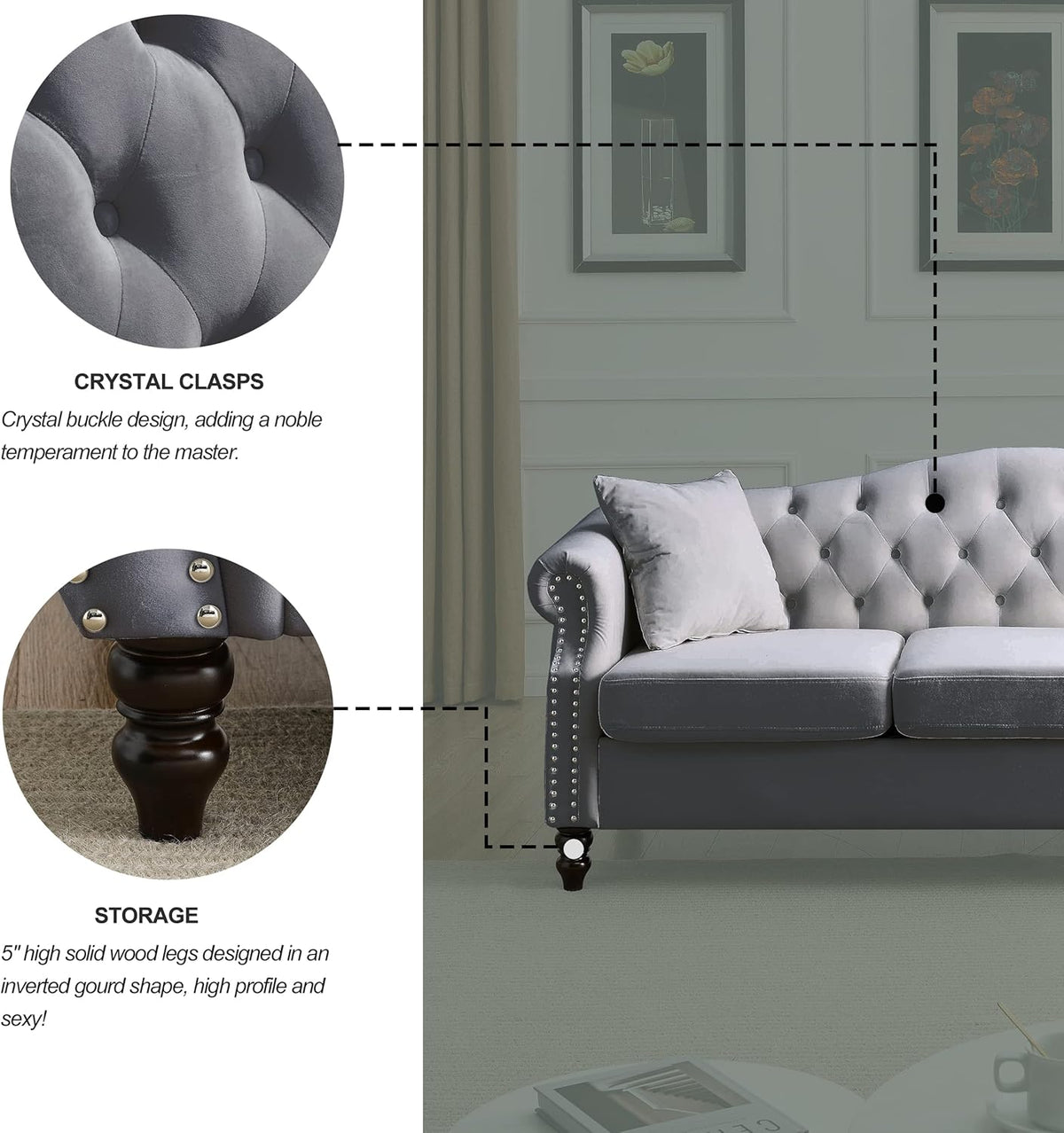 Grey Velvet 3 Seater Chesterfield Sofa X9998