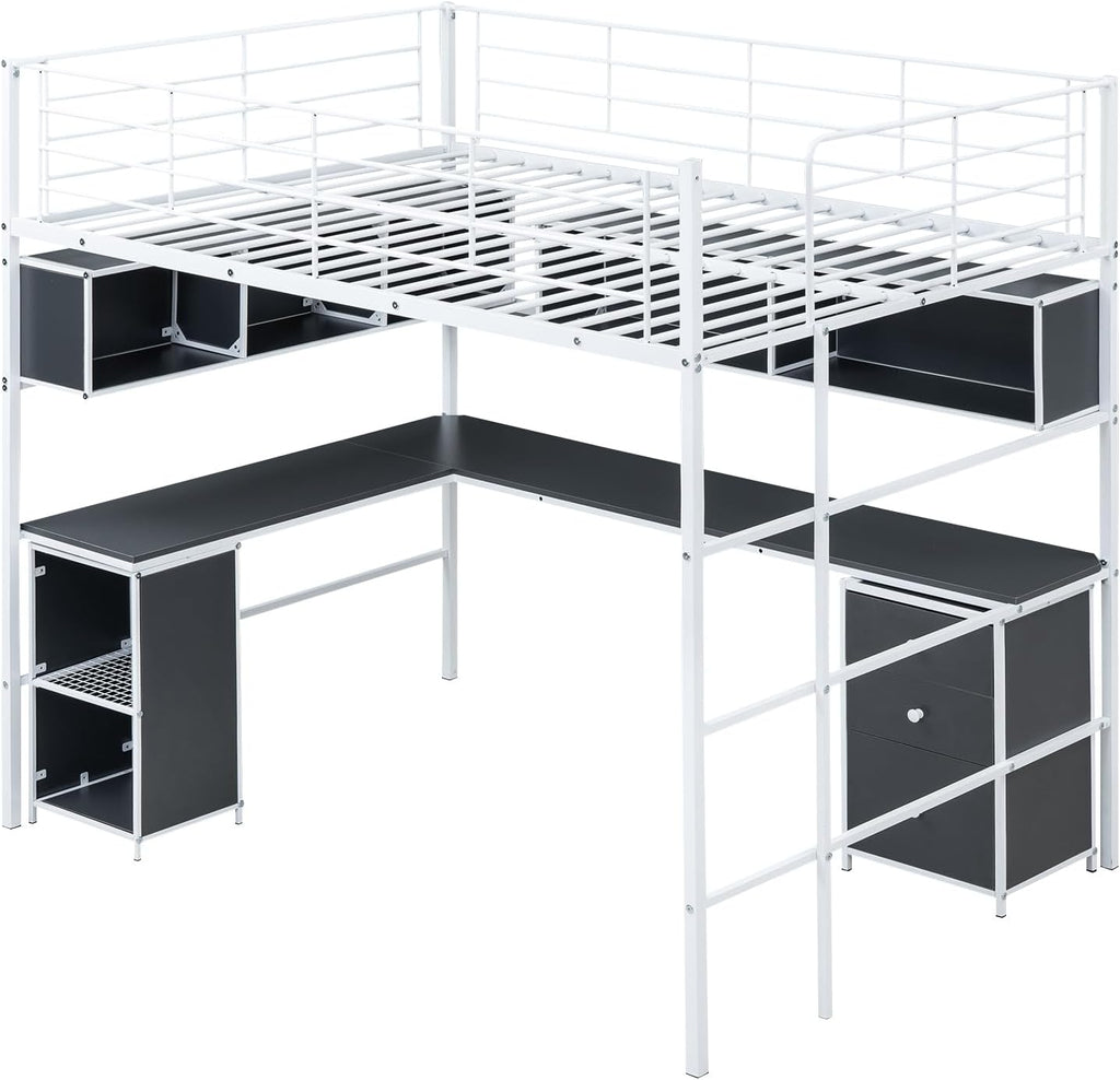 Full Size Metal Loft Bed with Bookcase and Desk I520506