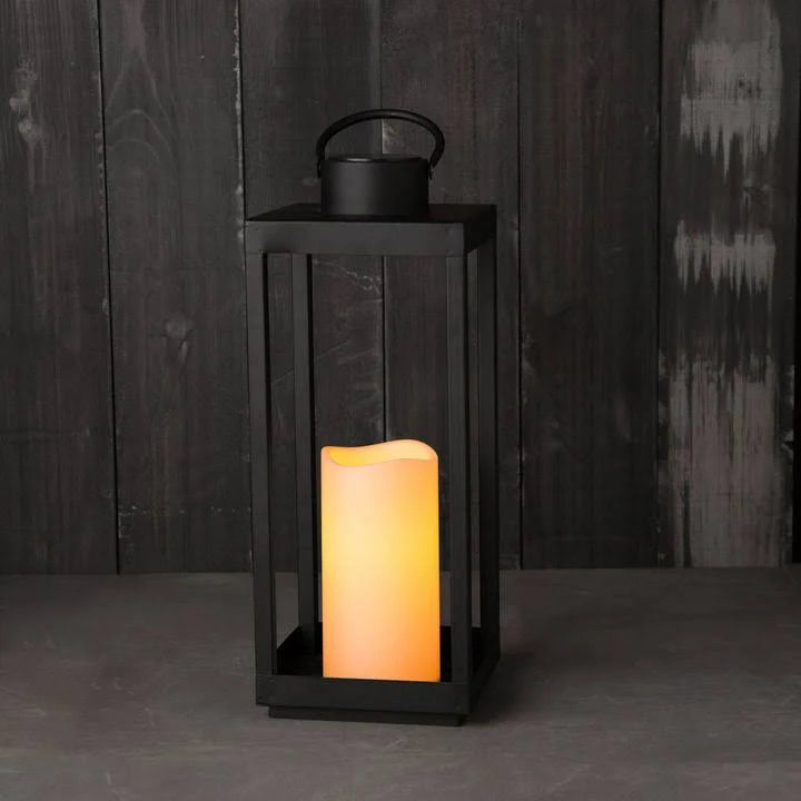Matte Black Metal Open Frame Lantern with Solar Powered LED Candle Q3497
