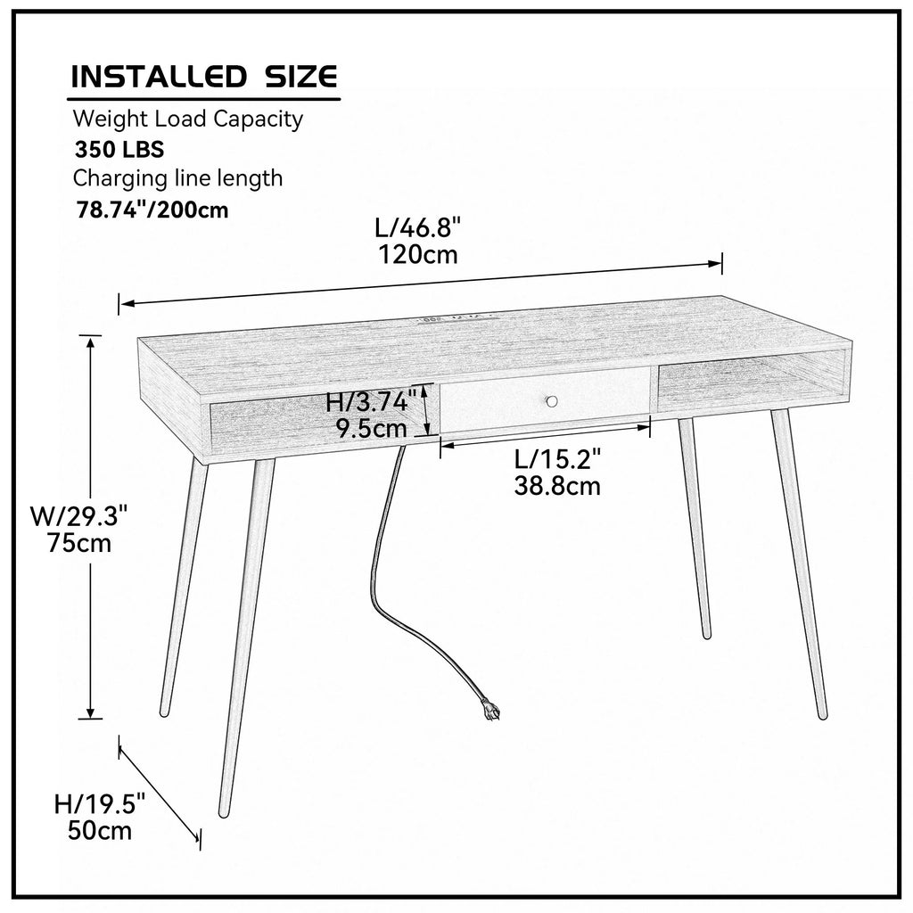 Black Writing Desk with Power Outlet and Drawer T9724