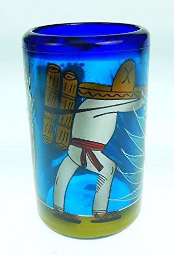 Blue Hand Blown Glasses and Pitcher Set with Display Rack T70644