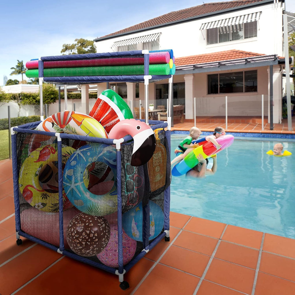 Double Tier Rolling Pool Toy Storage Cart Bin with Top Shelf & Side Pockets U172