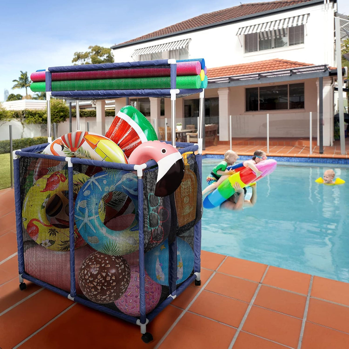 Double Tier Rolling Pool Toy Storage Cart Bin with Top Shelf & Side Pockets U172