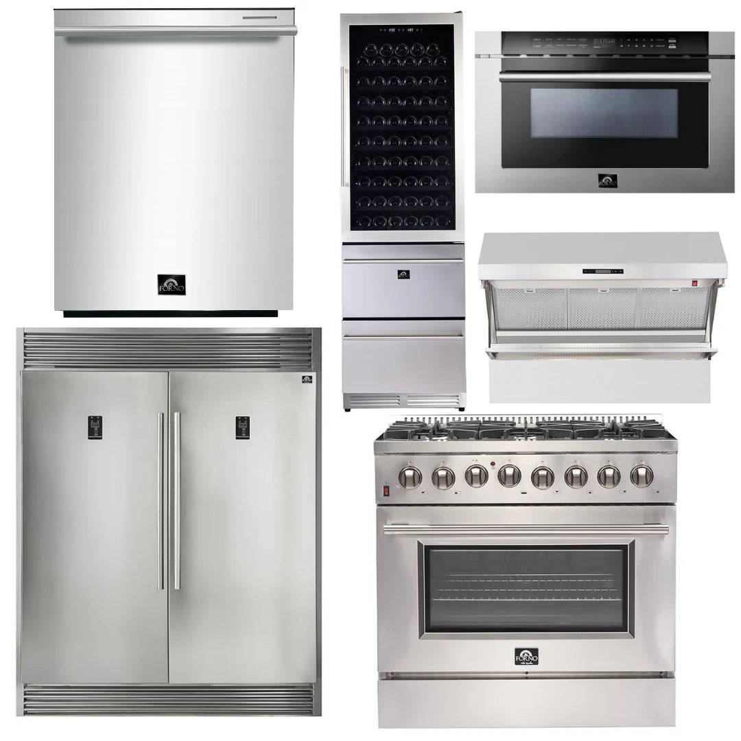 36 Inch Dual Fuel Range, Range Hood, Refrigerator, Microwave Drawer, Dishwasher, Wine Cooler X63856
