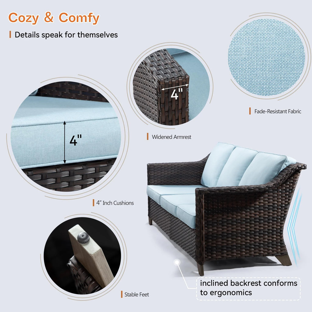 3 Pieces Outdoor Patio Wicker Conversation Set with Cushions, Sky Blue L3671