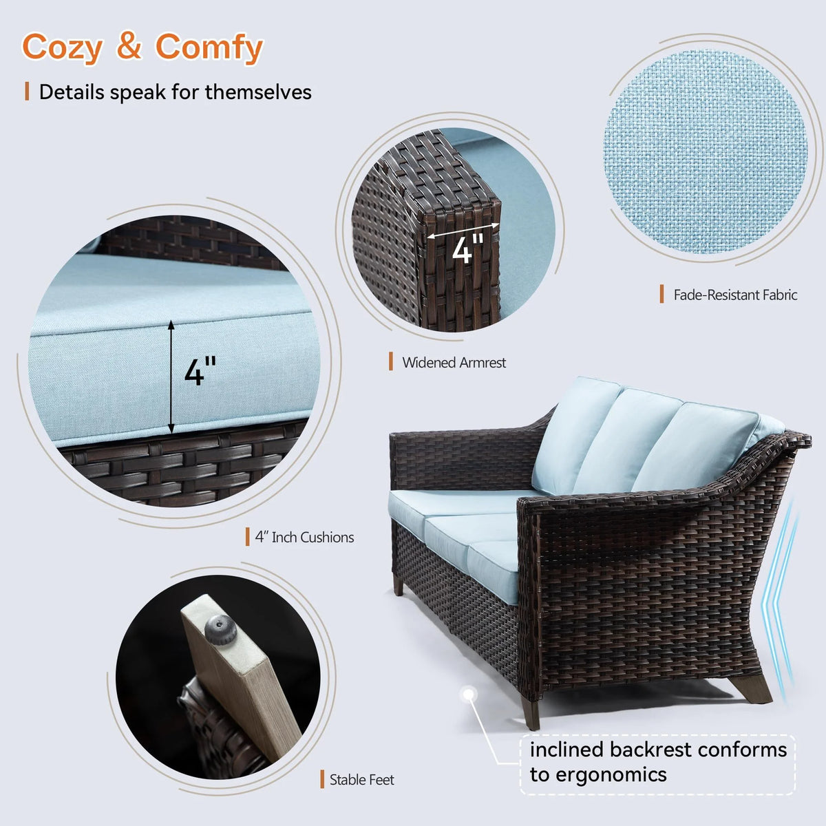 3 Pieces Outdoor Patio Wicker Conversation Set with Cushions, Sky Blue L3671