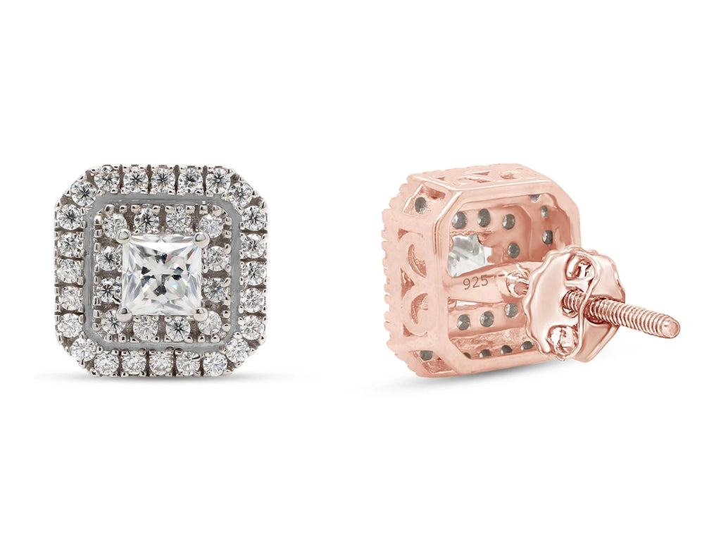 1 Carat Princess & Round Cut Lab Created Moissanite Double Halo Stud Earrings In 14K Rose Gold Over Sterling Silver F301